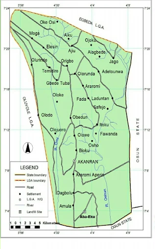 Map Showing Ona Ara Local Government Area, Oyo State, Nigeria