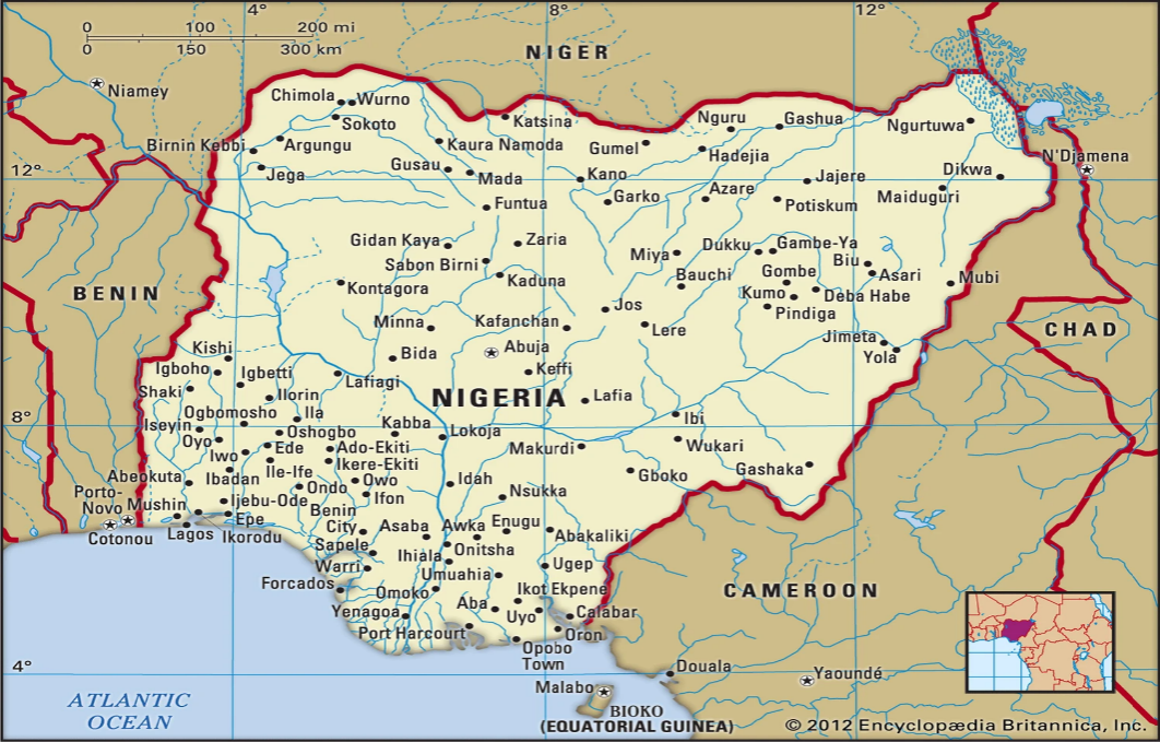 Map of Nigeria showing the locations. Britannica, Inc. (2025)