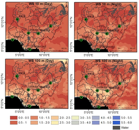 Spatial distribution of the diurnal and nocturnal wind characteristics at 10 and 100 m