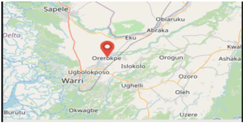 Map Showing the Location of Orerokpe Town, Okpe Local Government Area, Delta State, Nigeria, where Plant Samples (Jatropha curcas, Mangifera indica, and Carica papaya) were Collected