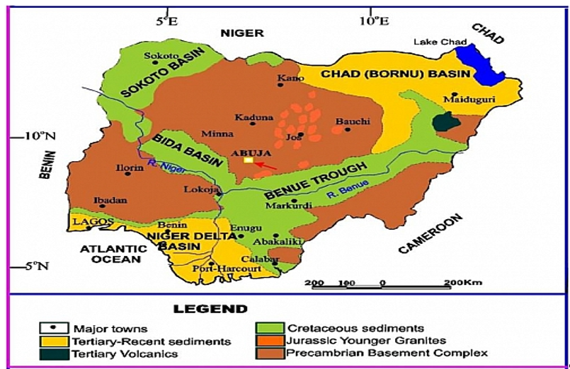 Geological Map of Nigeria Showing the Sedimentary Basins and the Basin of Interest (Bida Basin) Modified after (Obaje et al. 2004)