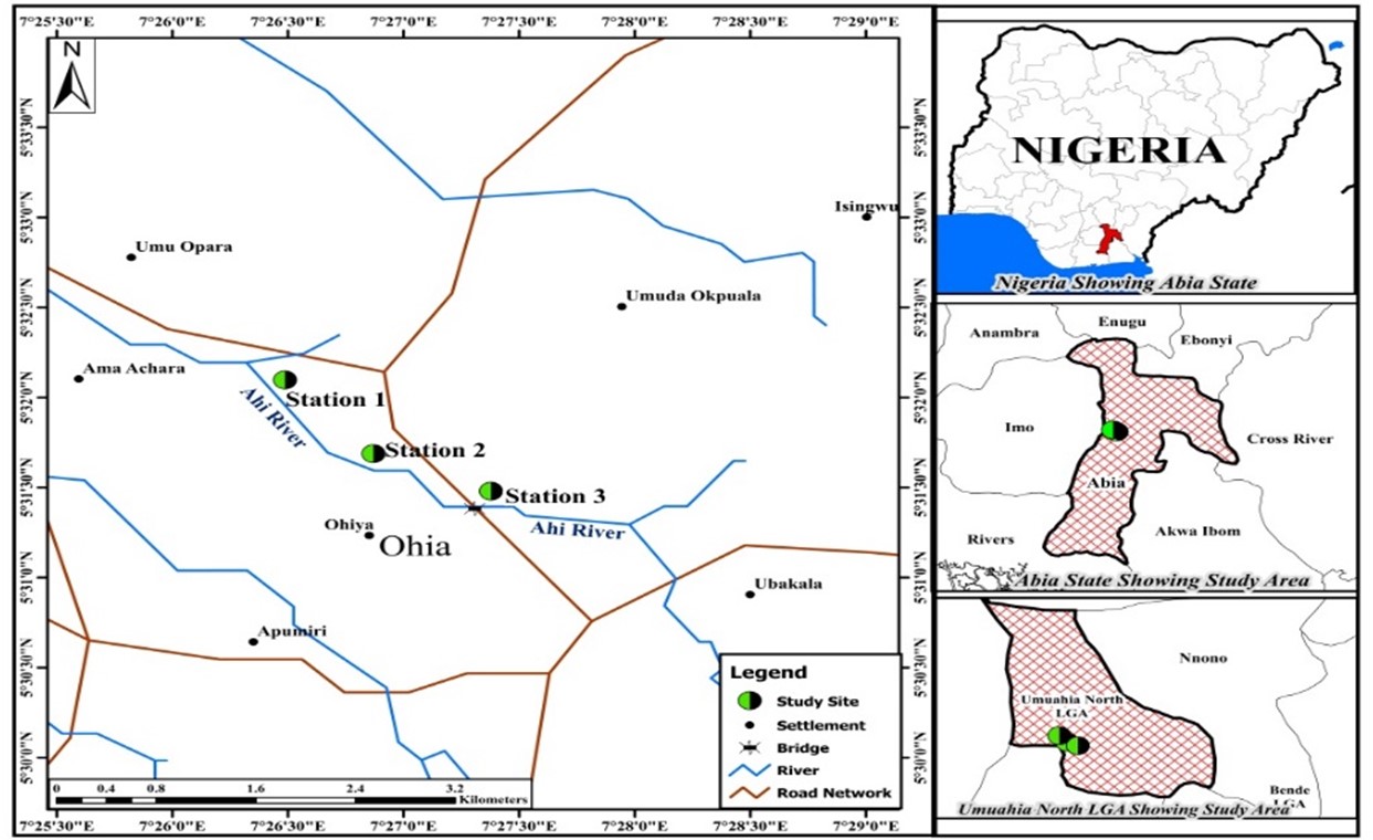 The Study Stretch and Sampling Stations in Ahi River, Ohiya Community, Umuahia, Abia State, Nigeria