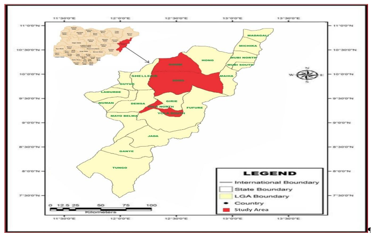 Map of Adamawa State showing Various LGAs and the Study Area