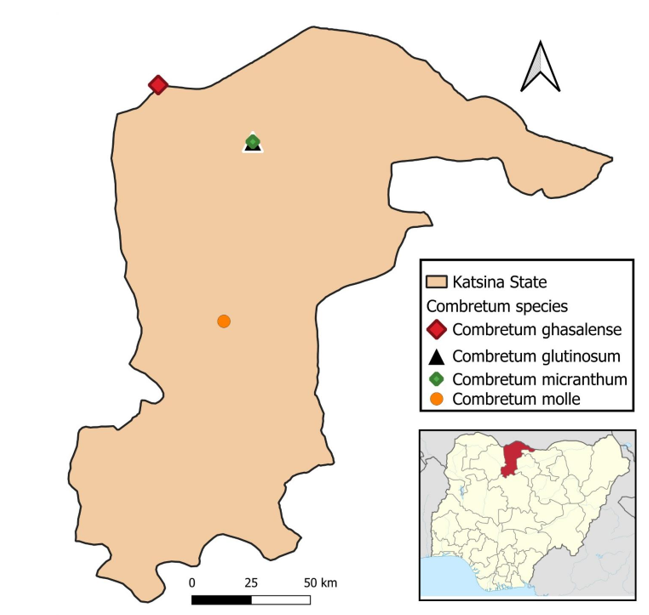 Map of Katsina showing the Collection Spot of Combretum Species