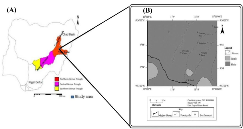 A) Map of Nigeria Showing the Location of Gongola Sub-basin (after Nabage et al., 2024) (B) Geological Map of the Study Area (Modified from Auwalu et. al. 2023)