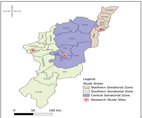 Map of Adamawa State Showing Locations and Study Areas