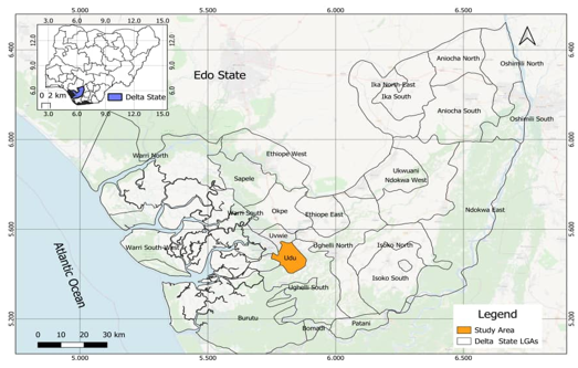 Map of Delta State Showing the 25 Local Government Area. Source: Adapted from Ministry of Lands, Survey and Urban Development, Asaba, (2025)