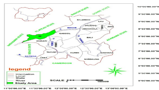 Map of Taraba State showing Ibi Local Government Area