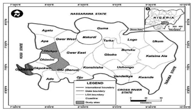Map of Benue State, showing the two different Local Government of Ogbadibo and Otukpo, in Relation to the Scope of the Study