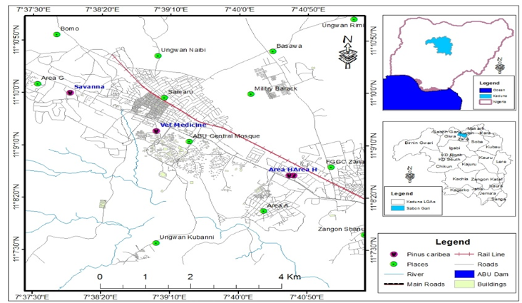 Map of Study Area Showing Locations of Pinus caribaea in Zaria Area