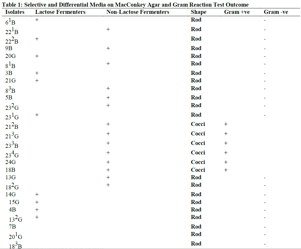 Selective and Differential Media on MacConkey Agar and Gram Reaction Test Outcome
