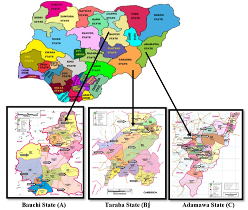 Combined Maps of Bauchi, Taraba and Adamawa States showing the Local Government Areas sampled