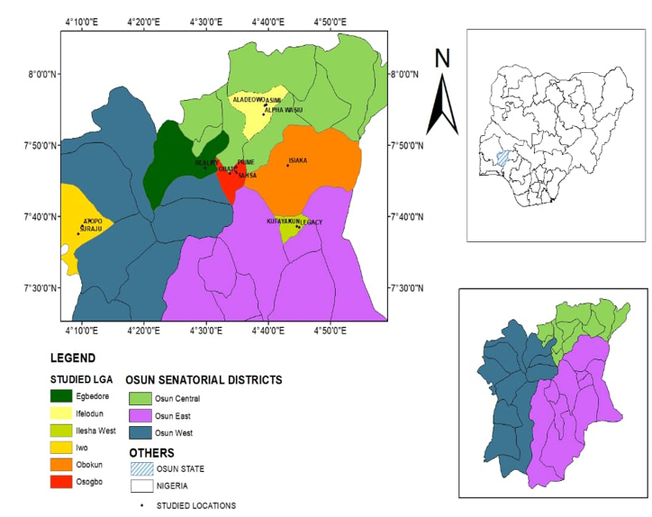 Map showing the Fifteen (15) Abattoirs Location in their Respective Local Government Areas in Osun State