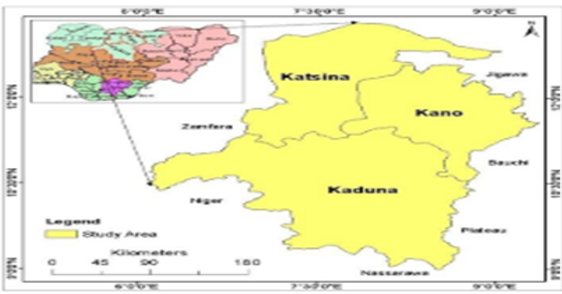 The Study Area from Northwest Nigeria. Sources: Adopted from the Administrative Map of Nigeria(Isma’il & Aliyu, 2023)