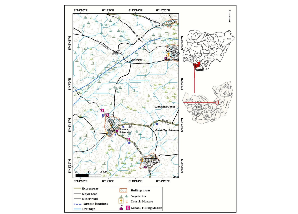 showing map of the study area and sampling points