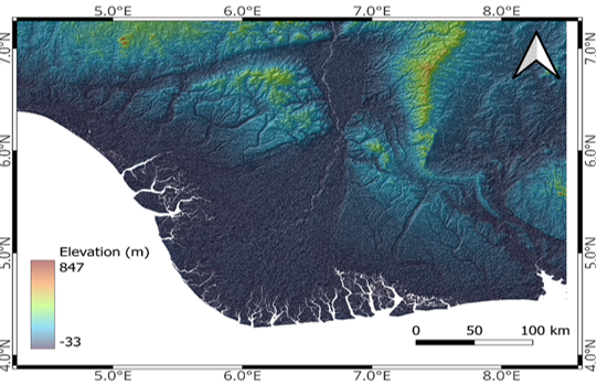 Shuttle Radar Topography Mission (STRM) Digital Elevation Model of the Niger Delta Showing Spatial Variations in Topography Across the Coastal and Inland Areas. Elevation Ranges from Approximately −33m to 847m Above Mean Sea Level, with Low-Lying Coastal Plains and dense River Networks Clearly Delineated [Source: Authors, 2026]