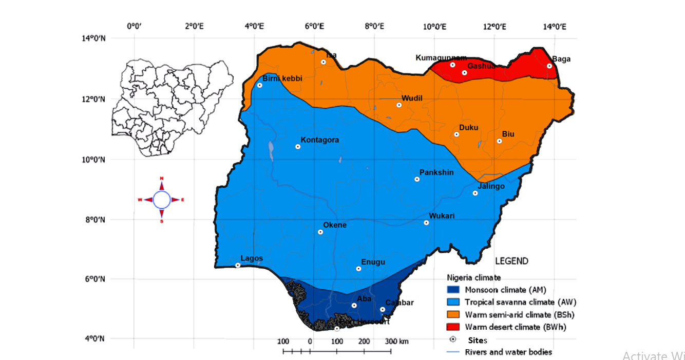 Map of Nigeria Showing Locations under Study Based On Köppens Climate Classification