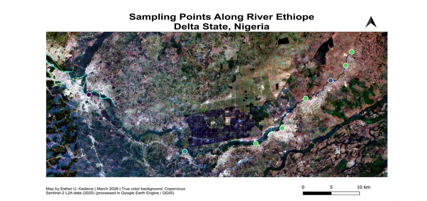 Satellite map of River Ethiope showing sampling points