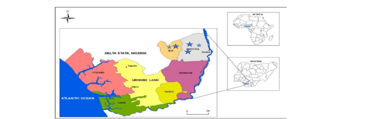 Map of Delta State, Nigeria, Showing the Locations of the Study Areas Indicated By Stars. The Inset Map Illustrates The Position Of Delta State Within Nigeria. Adapted and Modified From Odemerho (2008)