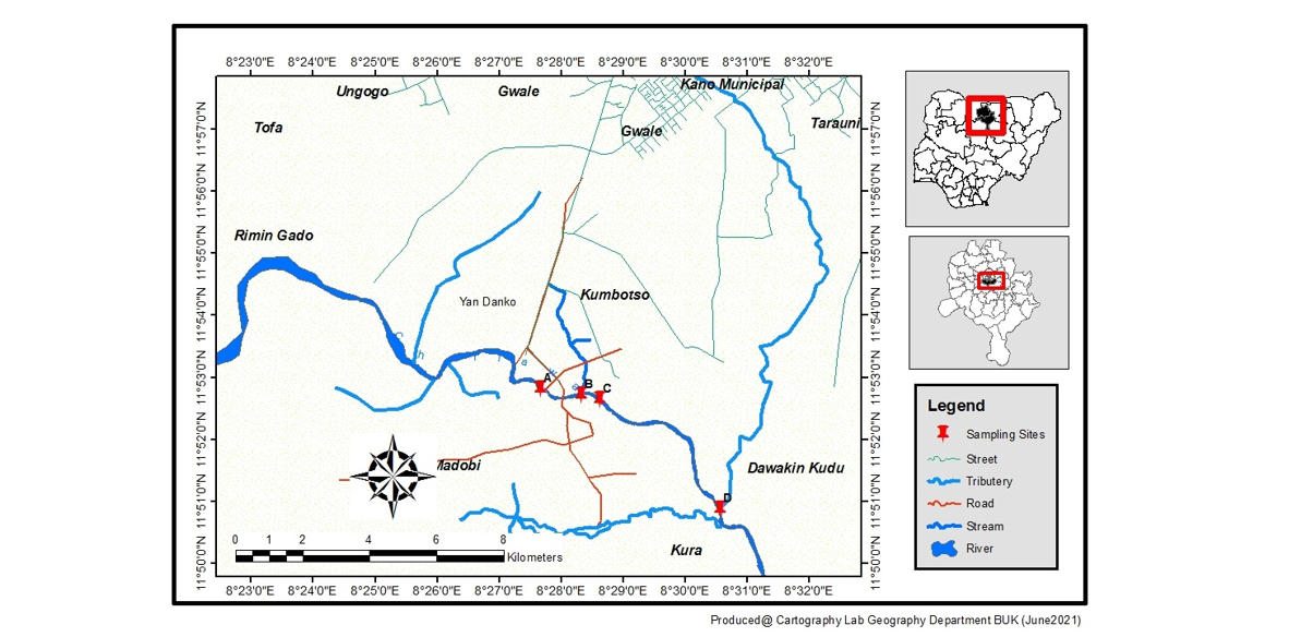 Map of River Challawa showing the Sampling Sites (Cartography Lab, Dept of Geography, 2021)