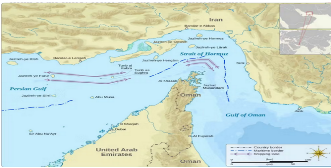 Map of the Strait of Hormuz Showing Major Shipping Routes and Surrounding Countries