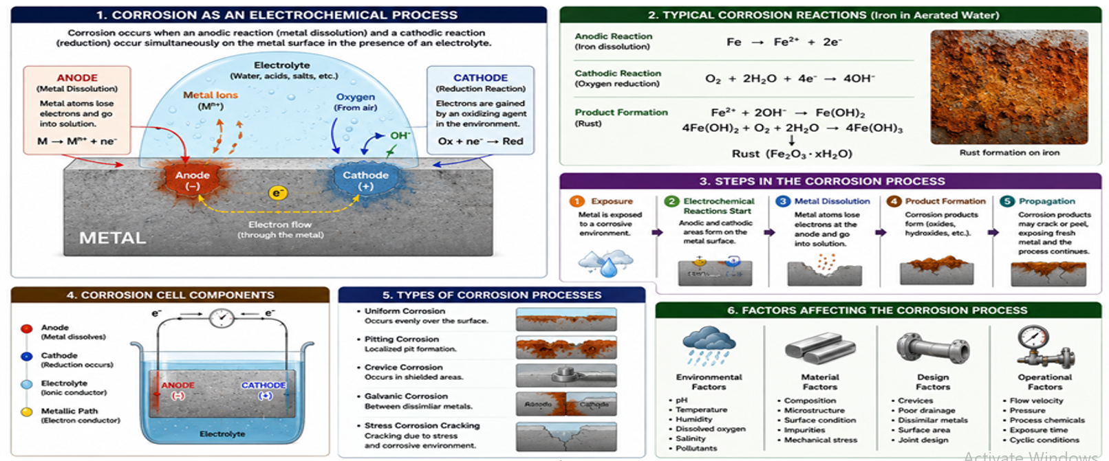 A detailed explanation and fundamental of corrosion processes (adopted from Abdallah et al., 2026; Abdulmutaali et al., 2025)