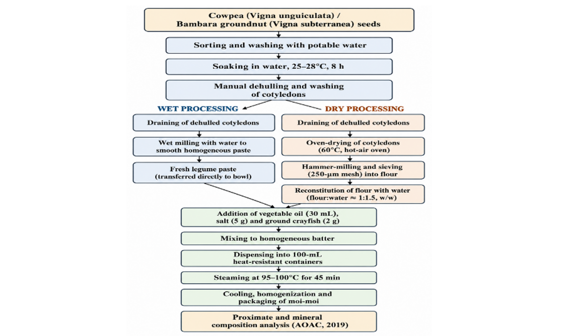 Process flow diagram for wet- and dry-processed cowpea and Bambara groundnut Moi-Moi preparation