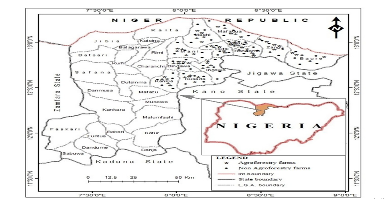 Map of Katsina state showing study locations and distribution of agroforestry farms (Parklands) and non-agroforestry (Open farmlands)