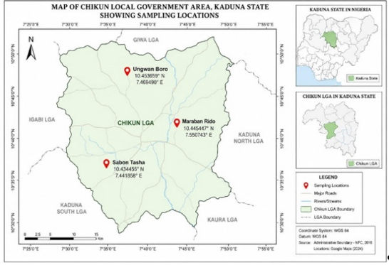 Map of Chikun LGA in Kaduna State Showing Locations Where Samples were Collected