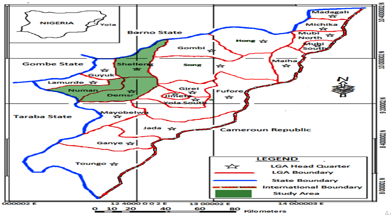 Map of Adamawa Stateshowing Shelleng, Numan and DemsaLGA