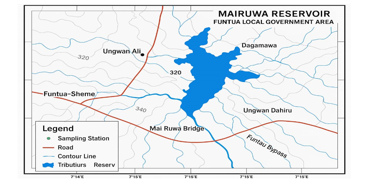 Map showing Mairuwa reservoir in Funtua, Katsina State