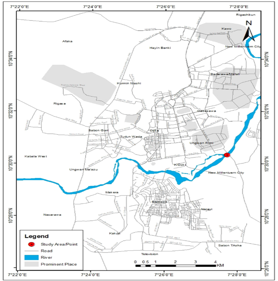 Map of the Study Area Showing Sampling Point Yakowa Bridge, Kaduna State