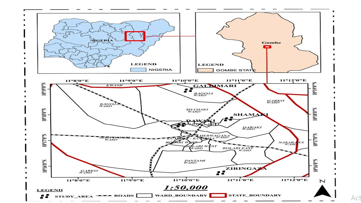 Map of Gombe State showing the study areas