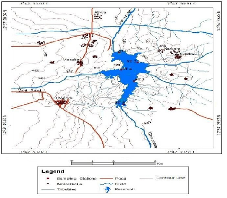 Map of Ajiwa Dam and the Surrounding area showing the SAMPLING stations Source: Study Map Supplied by the Authors