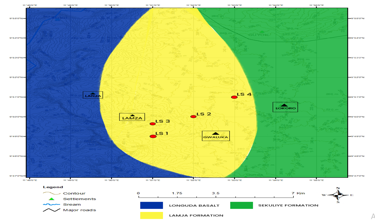 Study-area map showing the four measured Lamja Formation sections, coordinate graticules, mapped units, geographical features, north arrow and scale information