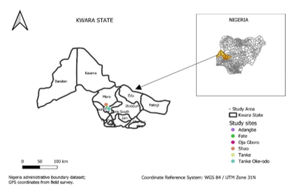 Map of Ilorin Metropolis Showing the Hunting-Dog Sampling Locations in Kwara State, Nigeria (Design Using QGIS Version 3.4.4)
