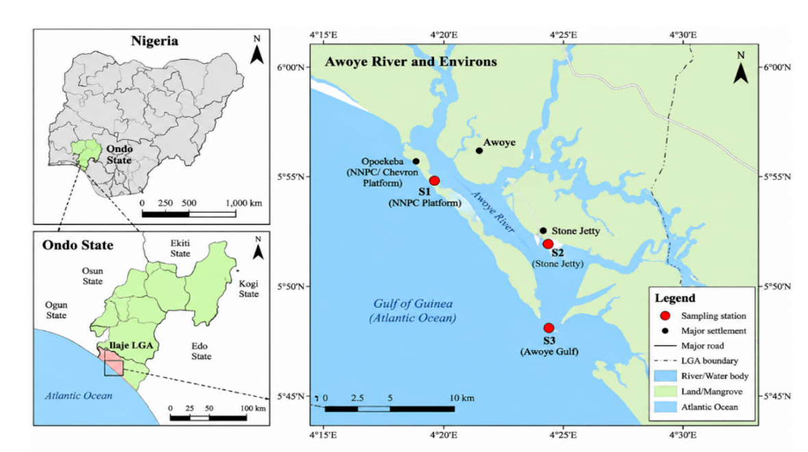 Map of the study area showing the sampling stations at Awoye River, Ondo State, Nigeria