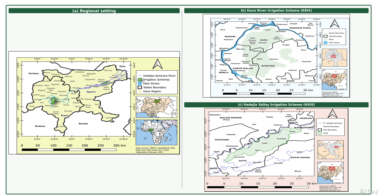 Location of the Kano River Irrigation Scheme (KRIS) and Hadejia Valley Irrigation Scheme (HVIS). Source: adapted from the study datasets and TRIMING (2017)