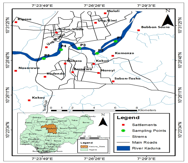 Map of River Kaduna Showing Sampling Stations